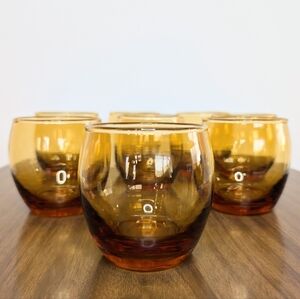 Set Of 8 Vintage 60s 70s MCM Amber Color Roly Poly Glasses Whiskey Stemless Wine